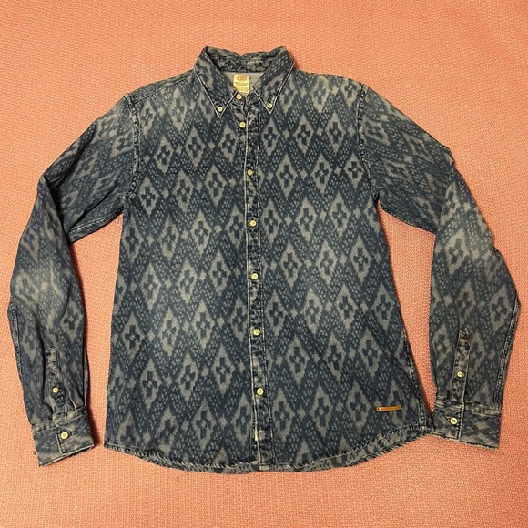 SCOTCH & SODA Men Blue Patterned Denim Button Long Sleeve Top Size M - Picture 2 of 7